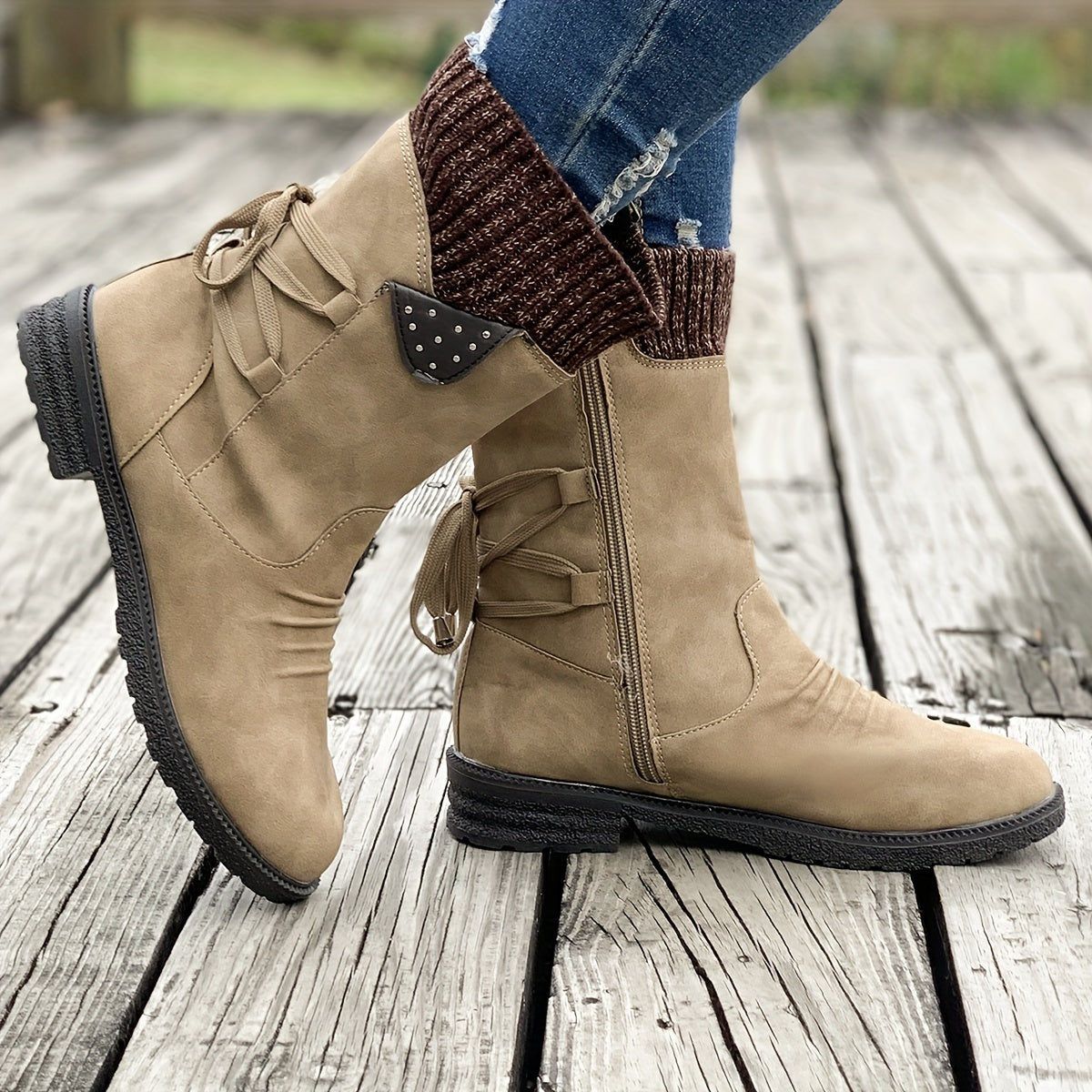 Women's Retro Black Chelsea Boots with Chunky Heel - Lace-Up & Side Zipper, Knit Cover Patchwork Design, Comfortable Fabric Lining, Casual Low Heel Ankle Boots for All Occasions