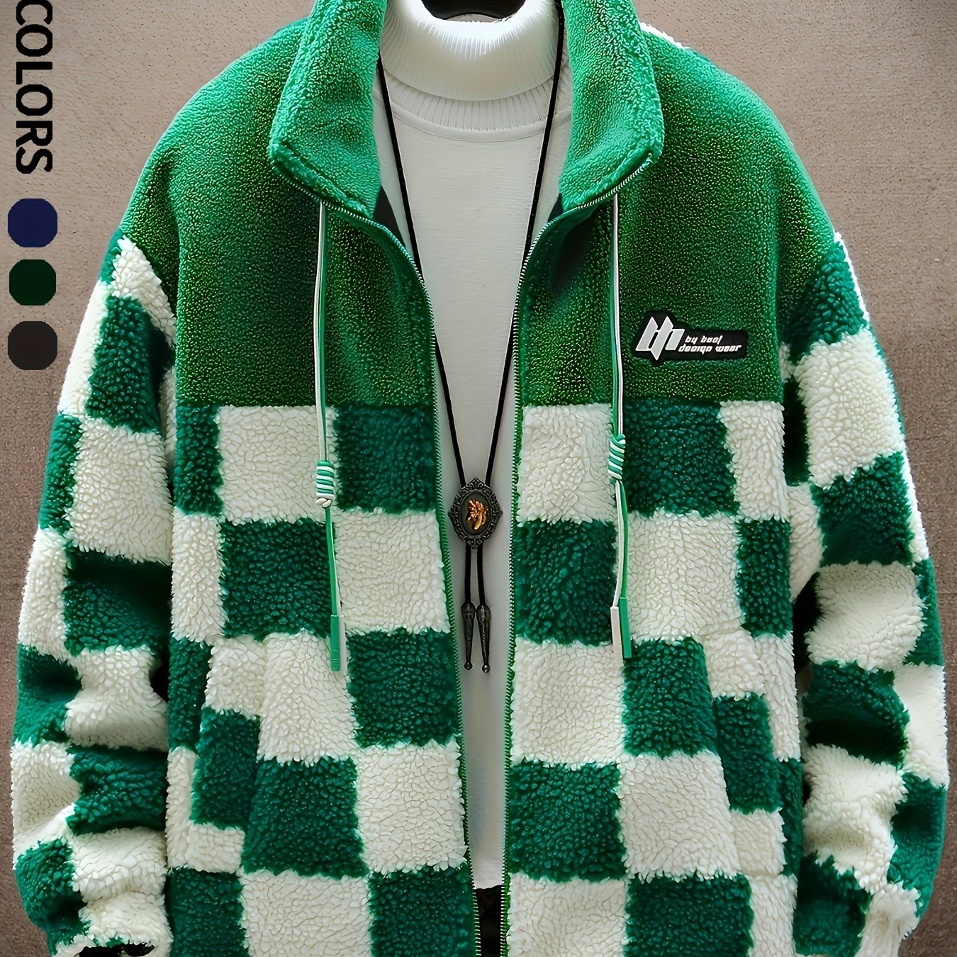 Men'S Plush Checkered Winter Coat - Blue & White, Loose Fit, Stand Collar, Zip-Up Jacket with Drawstring Hood, Casual Style for Fall/Winter, Winter Coat