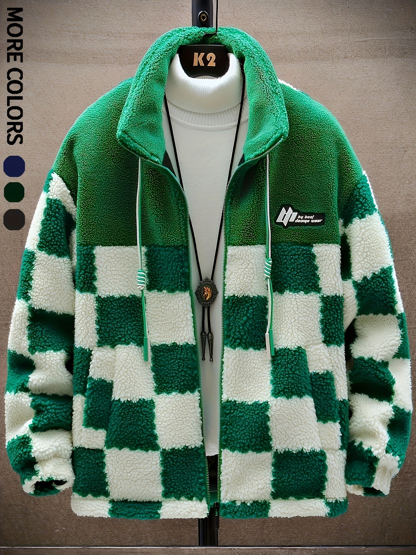 Men'S Plush Checkered Winter Coat - Blue & White, Loose Fit, Stand Collar, Zip-Up Jacket with Drawstring Hood, Casual Style for Fall/Winter, Winter Coat
