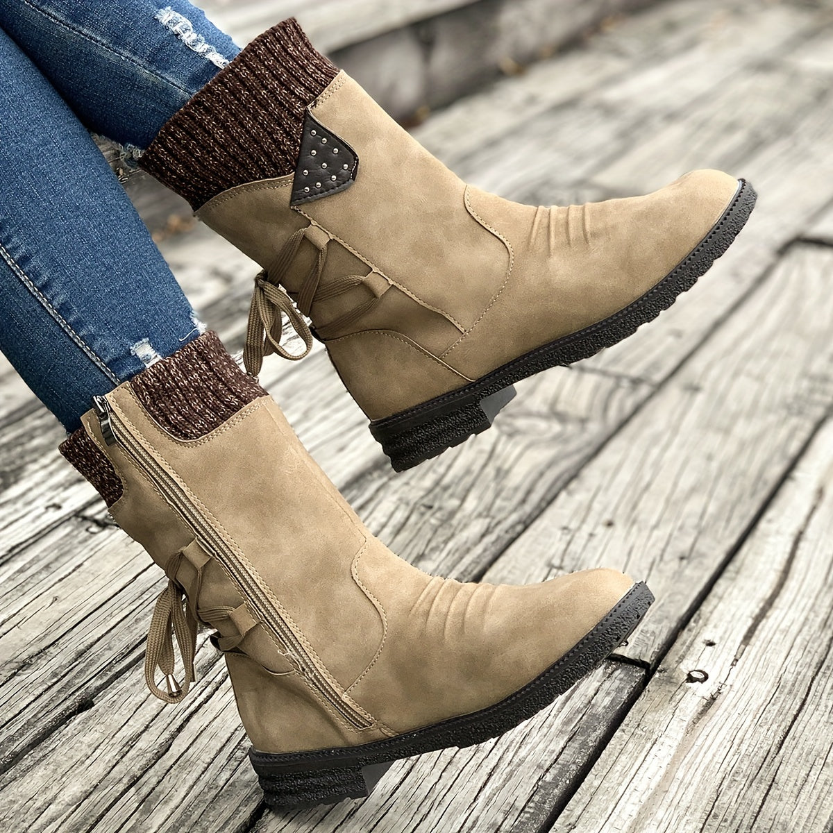 Women's Retro Black Chelsea Boots with Chunky Heel - Lace-Up & Side Zipper, Knit Cover Patchwork Design, Comfortable Fabric Lining, Casual Low Heel Ankle Boots for All Occasions