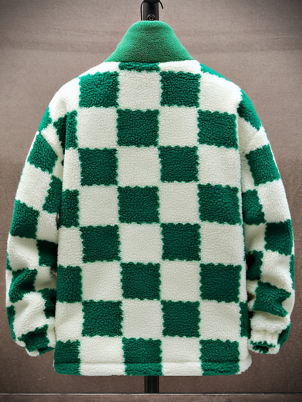 Men'S Plush Checkered Winter Coat - Blue & White, Loose Fit, Stand Collar, Zip-Up Jacket with Drawstring Hood, Casual Style for Fall/Winter, Winter Coat