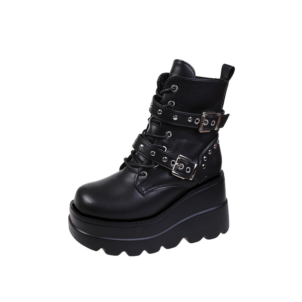 Women'S Solid Color Chelsea Booties, Cap Toe Block Heel High Ankle Boots, Synthetic Upper, Fabric Lining, PU Sole, Casual Lace-Up Footwear