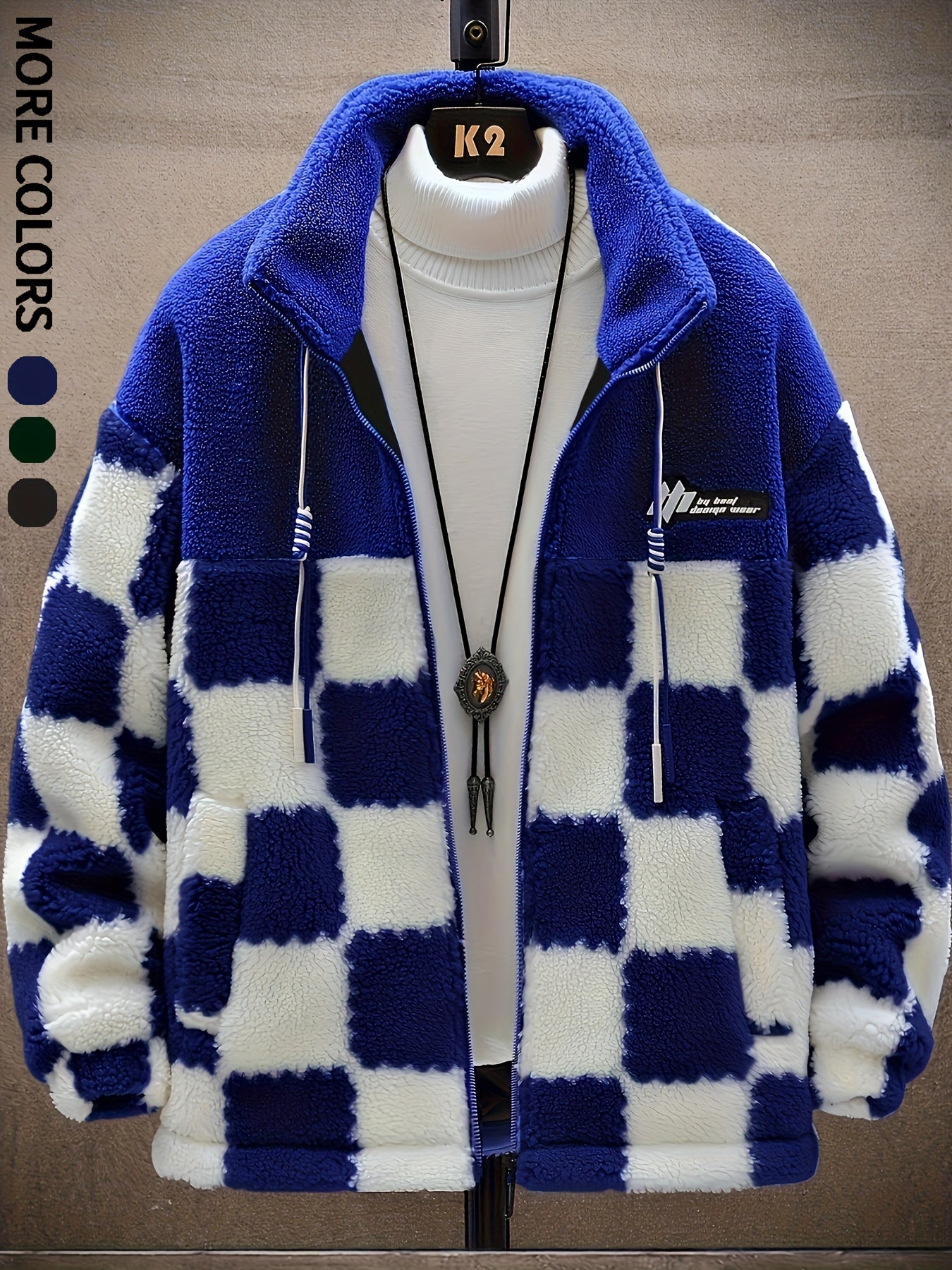 Men'S Plush Checkered Winter Coat - Blue & White, Loose Fit, Stand Collar, Zip-Up Jacket with Drawstring Hood, Casual Style for Fall/Winter, Winter Coat