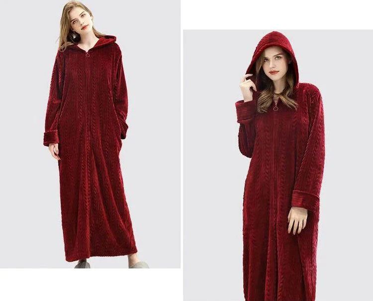 40-100kg Women Winter Plus Size Long Warm Flannel Hooded Bathrobe Men Sleepwear Pregnant Zipper Night Dressing Gown