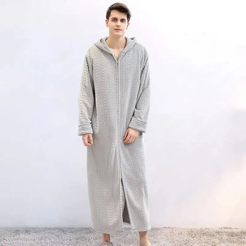 40-100kg Women Winter Plus Size Long Warm Flannel Hooded Bathrobe Men Sleepwear Pregnant Zipper Night Dressing Gown