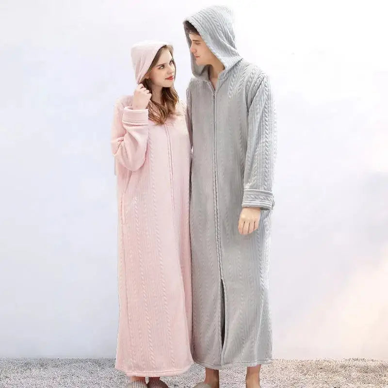40-100kg Women Winter Plus Size Long Warm Flannel Hooded Bathrobe Men Sleepwear Pregnant Zipper Night Dressing Gown