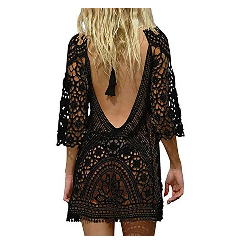 Sexy Women’s Bathing Suit Cover Up Crochet Lace Bikini Bathing Suit Swimsuit Smock Knitting Swimwear Mesh Beach Dress Tunic Robe