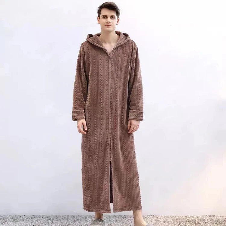 40-100kg Women Winter Plus Size Long Warm Flannel Hooded Bathrobe Men Sleepwear Pregnant Zipper Night Dressing Gown