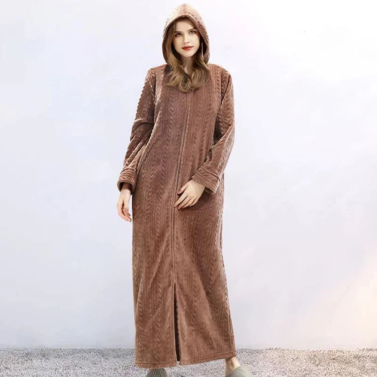 40-100kg Women Winter Plus Size Long Warm Flannel Hooded Bathrobe Men Sleepwear Pregnant Zipper Night Dressing Gown