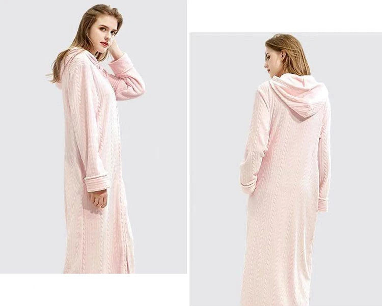 40-100kg Women Winter Plus Size Long Warm Flannel Hooded Bathrobe Men Sleepwear Pregnant Zipper Night Dressing Gown