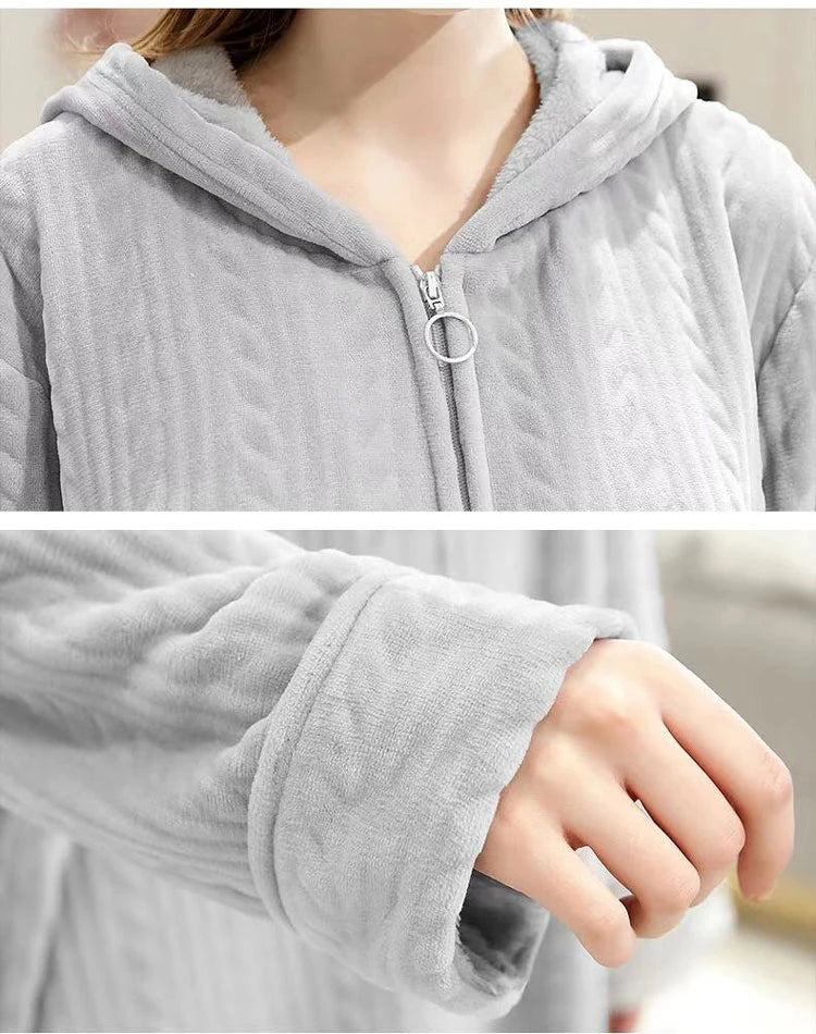 40-100kg Women Winter Plus Size Long Warm Flannel Hooded Bathrobe Men Sleepwear Pregnant Zipper Night Dressing Gown