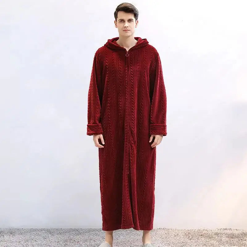 40-100kg Women Winter Plus Size Long Warm Flannel Hooded Bathrobe Men Sleepwear Pregnant Zipper Night Dressing Gown