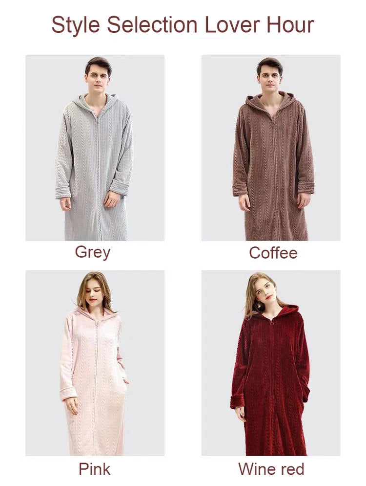 40-100kg Women Winter Plus Size Long Warm Flannel Hooded Bathrobe Men Sleepwear Pregnant Zipper Night Dressing Gown