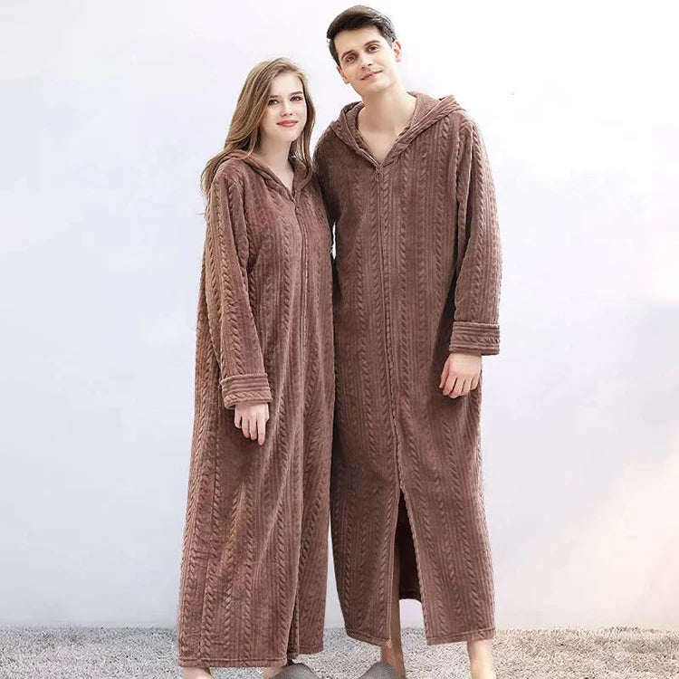 40-100kg Women Winter Plus Size Long Warm Flannel Hooded Bathrobe Men Sleepwear Pregnant Zipper Night Dressing Gown