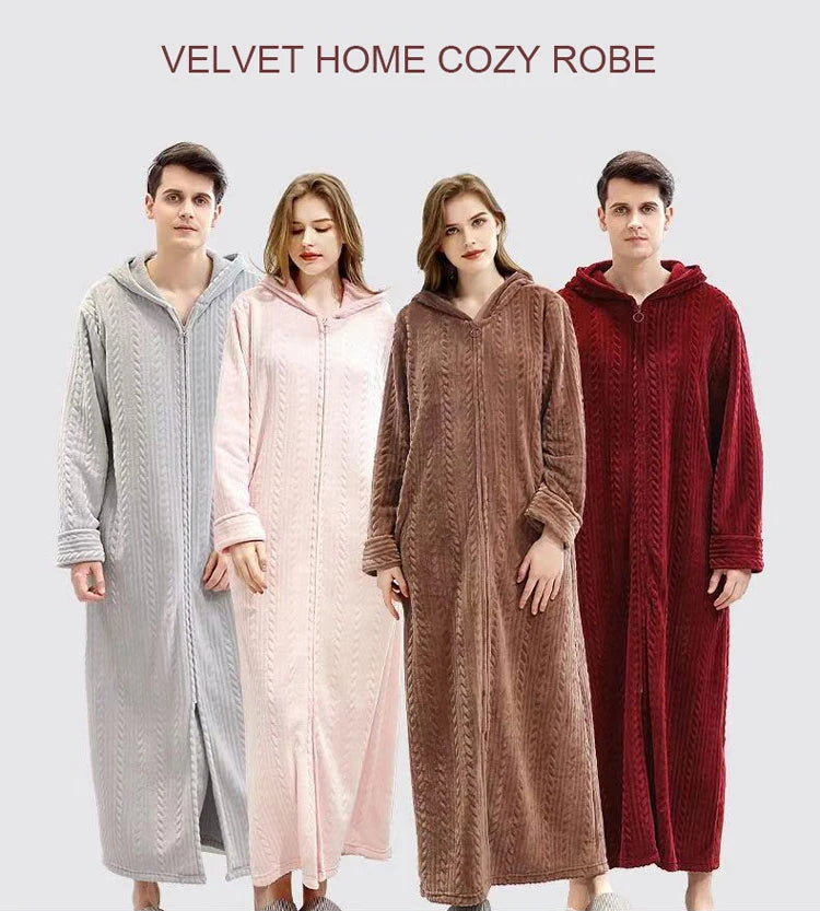 40-100kg Women Winter Plus Size Long Warm Flannel Hooded Bathrobe Men Sleepwear Pregnant Zipper Night Dressing Gown