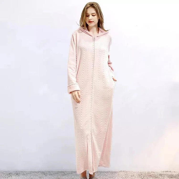 40-100kg Women Winter Plus Size Long Warm Flannel Hooded Bathrobe Men Sleepwear Pregnant Zipper Night Dressing Gown