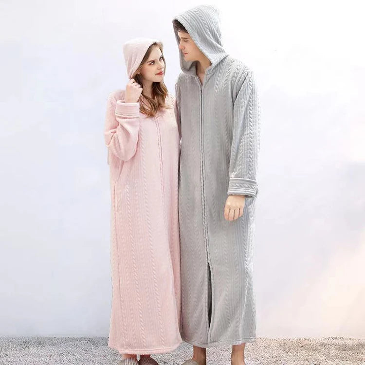 40-100kg Women Winter Plus Size Long Warm Flannel Hooded Bathrobe Men Sleepwear Pregnant Zipper Night Dressing Gown