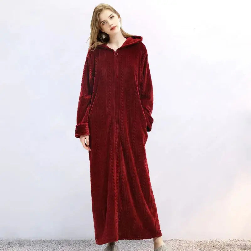 40-100kg Women Winter Plus Size Long Warm Flannel Hooded Bathrobe Men Sleepwear Pregnant Zipper Night Dressing Gown