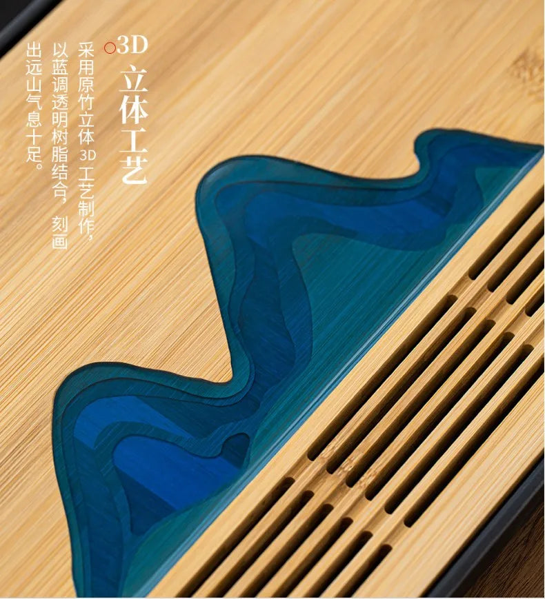 Removable Natural Bamboo Tea Tray Landscape Drawing Board Traditional Household TeaTray Removable TeaTray Chinese Kung Fu TeaSet