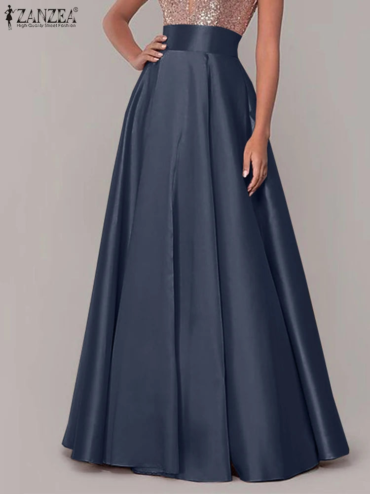 ZANZEA Summer Women Maxi Long Skirts Casual High Waist A-line Party Sundress Work OL Maxi Vestidos Satin Skirts Jupe Faldas Saia