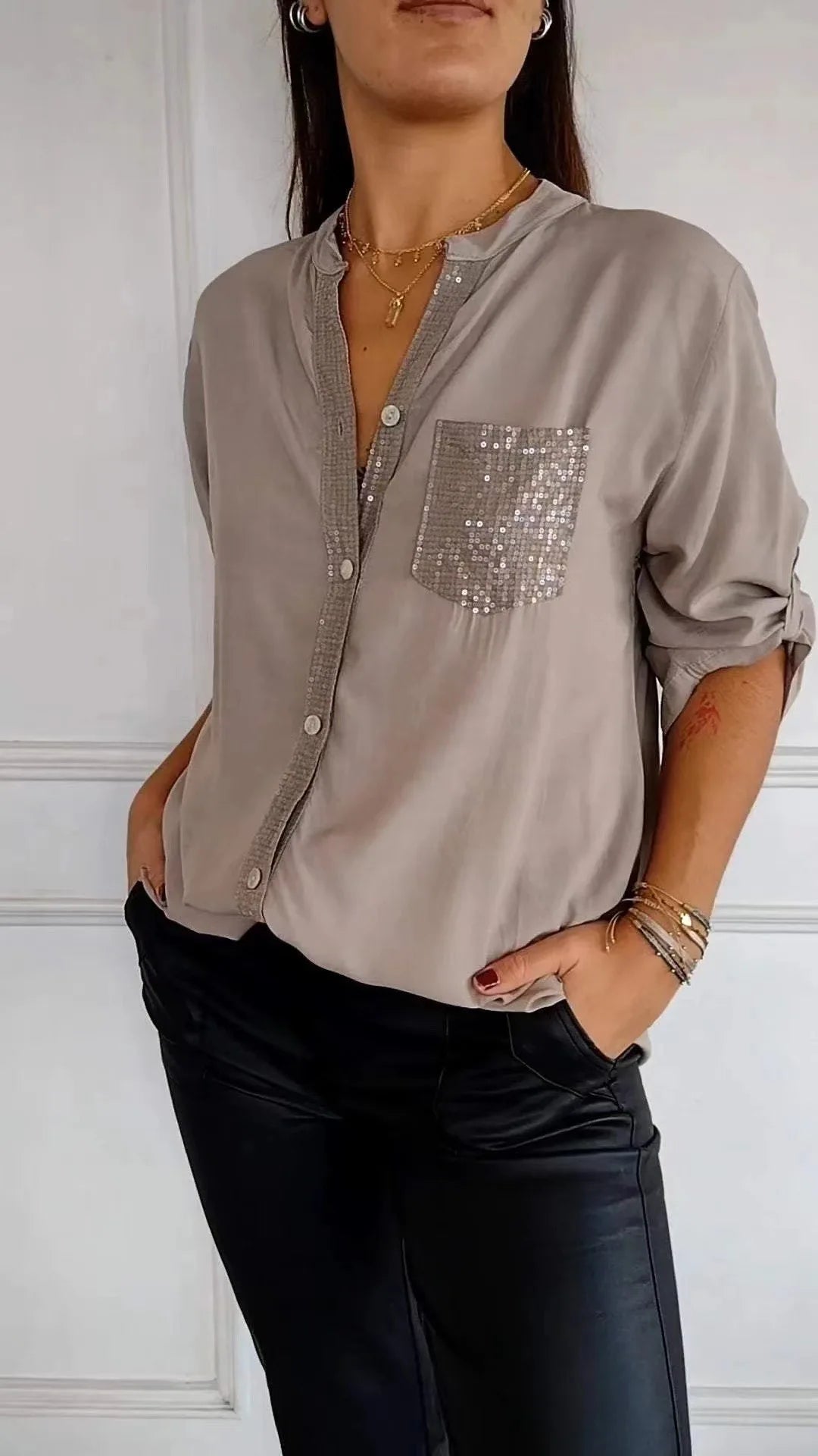 Casual Shirt Women Blouses V-neck Sequin Splicing Long-sleeve New Autumn Casual Loose Collar Button Pocket Office Ladies Clothes