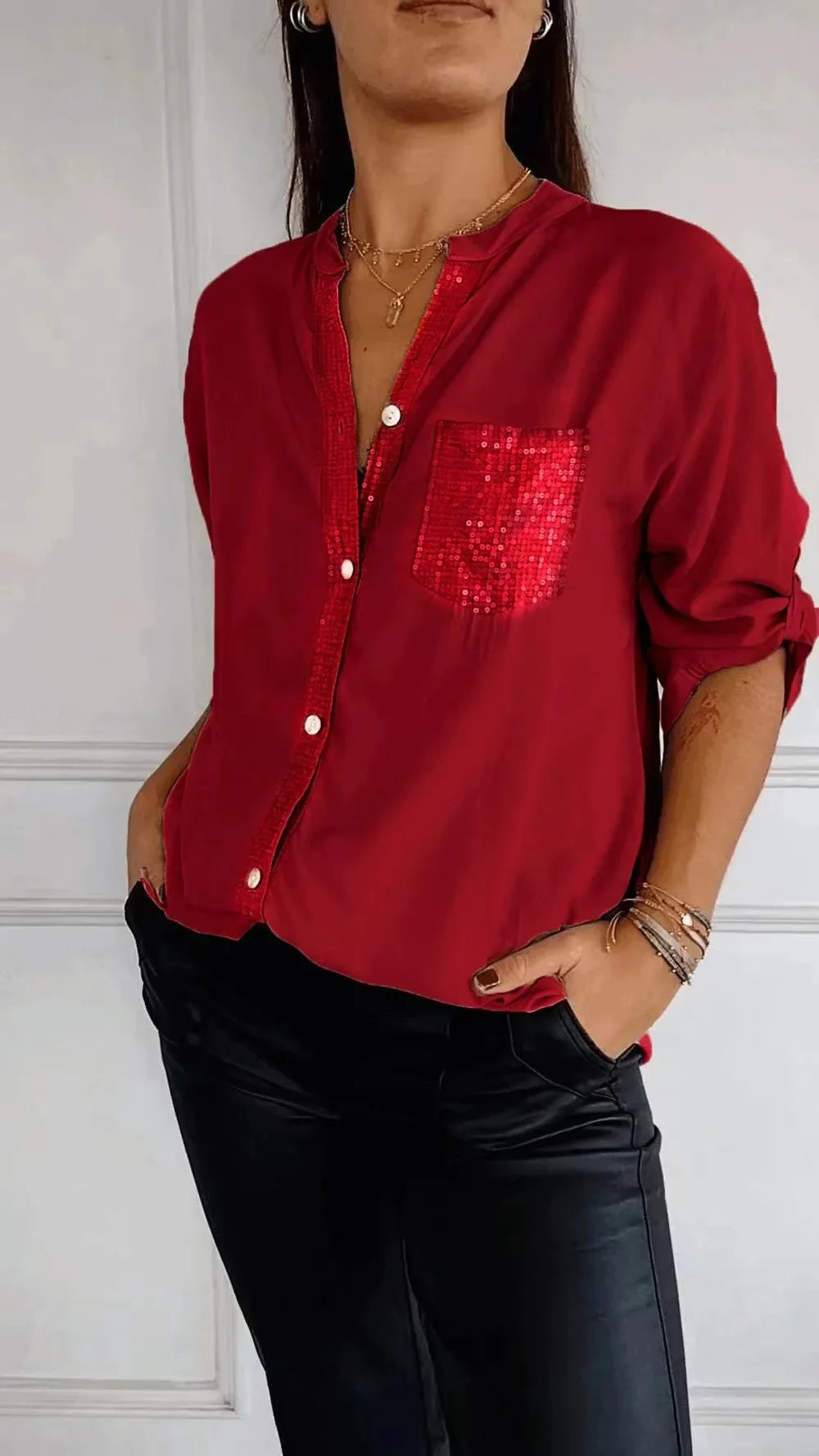Casual Shirt Women Blouses V-neck Sequin Splicing Long-sleeve New Autumn Casual Loose Collar Button Pocket Office Ladies Clothes