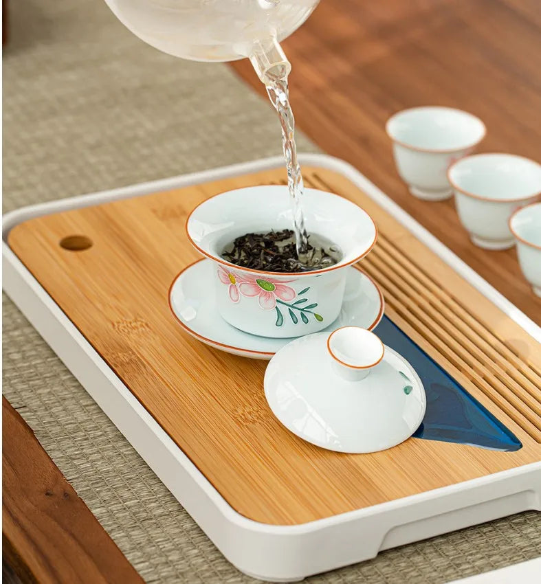 Removable Natural Bamboo Tea Tray Landscape Drawing Board Traditional Household TeaTray Removable TeaTray Chinese Kung Fu TeaSet