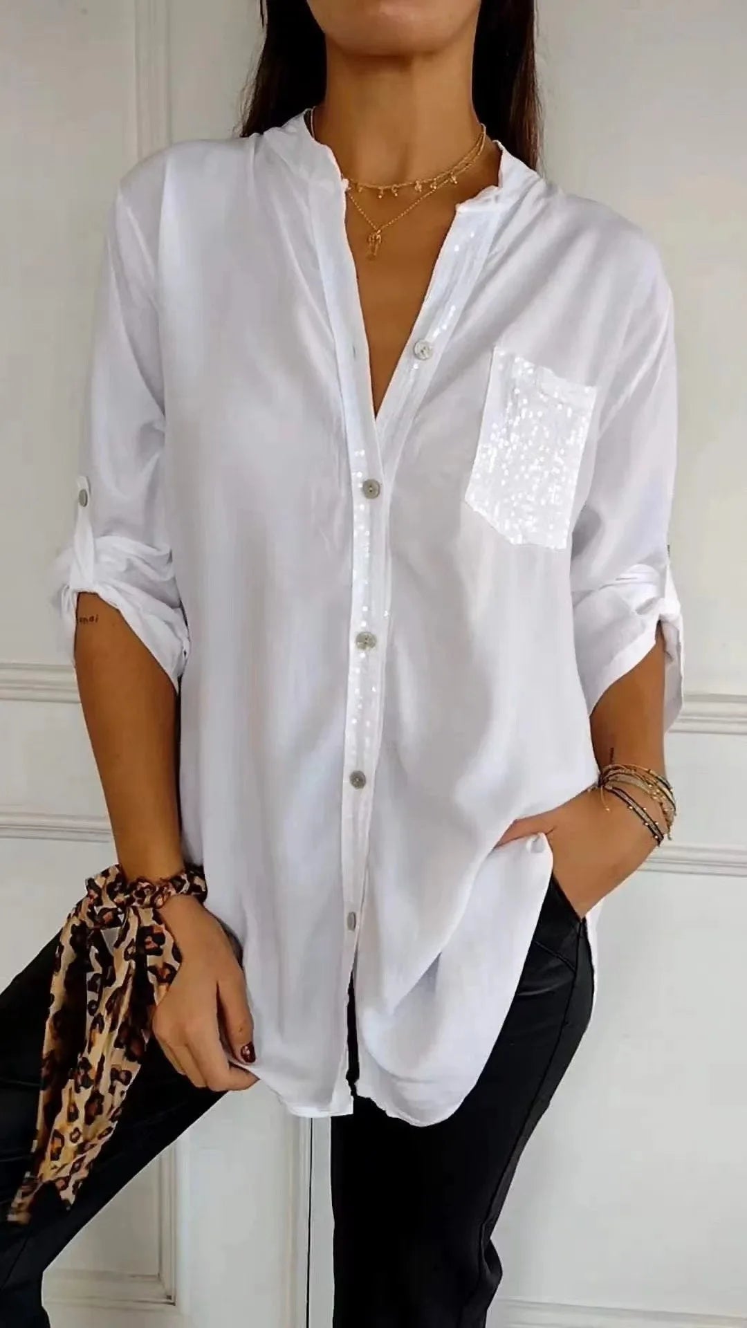 Casual Shirt Women Blouses V-neck Sequin Splicing Long-sleeve New Autumn Casual Loose Collar Button Pocket Office Ladies Clothes