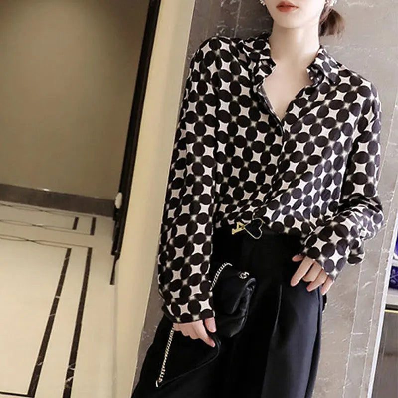 Stylish Printed Polka Dot Blouse Female Clothing Commute Single-breasted Elegant Polo-Neck 2025 Spring Autumn Korean Loose Shirt