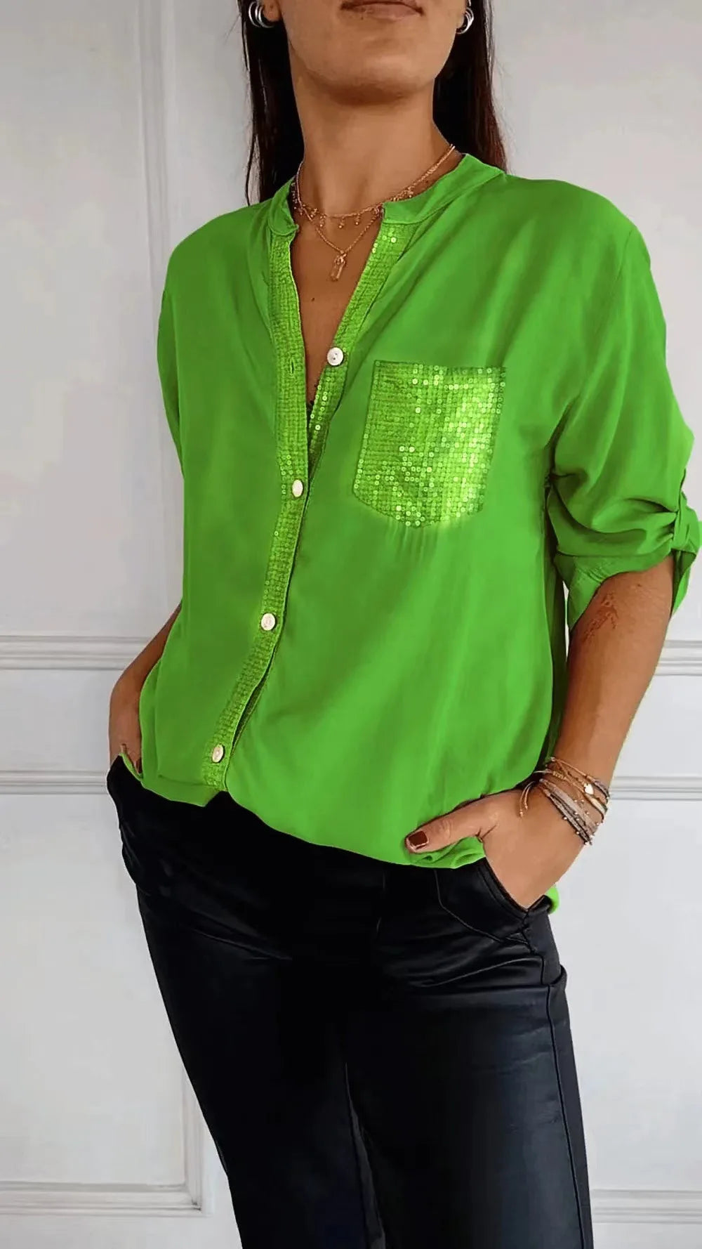 Casual Shirt Women Blouses V-neck Sequin Splicing Long-sleeve New Autumn Casual Loose Collar Button Pocket Office Ladies Clothes