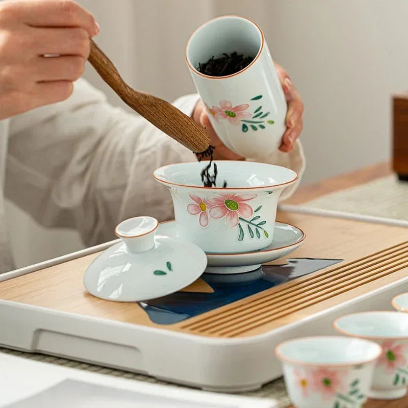 Removable Natural Bamboo Tea Tray Landscape Drawing Board Traditional Household TeaTray Removable TeaTray Chinese Kung Fu TeaSet