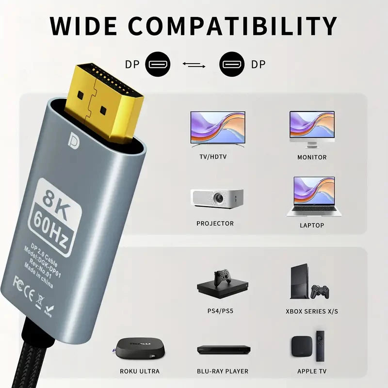 8K DisplayPort Cable HBR3 Support 32.4Gbps, HDCP 2.2, HDR10 FreeSync G-Sync for Gaming Monitor 4070 4080 Graphics PC