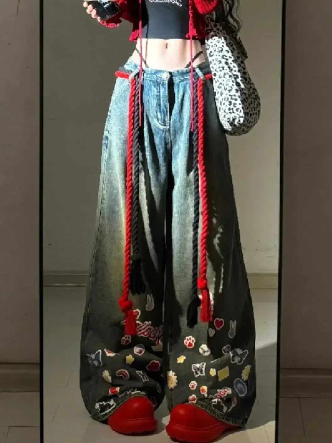 Women's Sweet Y2K Baggy 2000s Denim Trouser Washed Vintage Casual Appliques Pants Trashy High Street Retro High Waist Jeans
