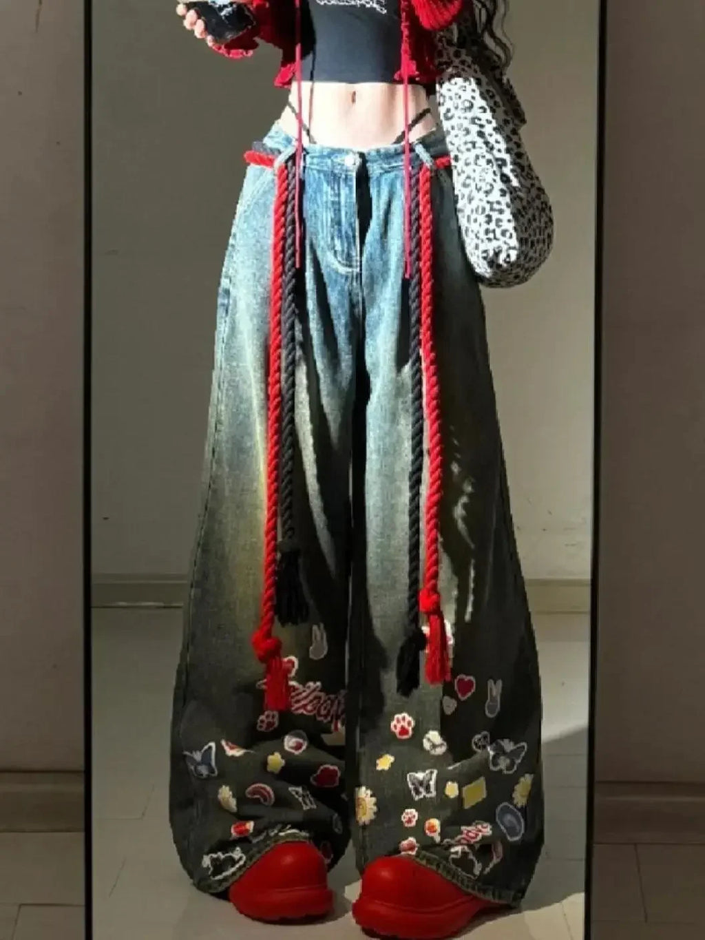 Women's Sweet Y2K Baggy 2000s Denim Trouser Washed Vintage Casual Appliques Pants Trashy High Street Retro High Waist Jeans
