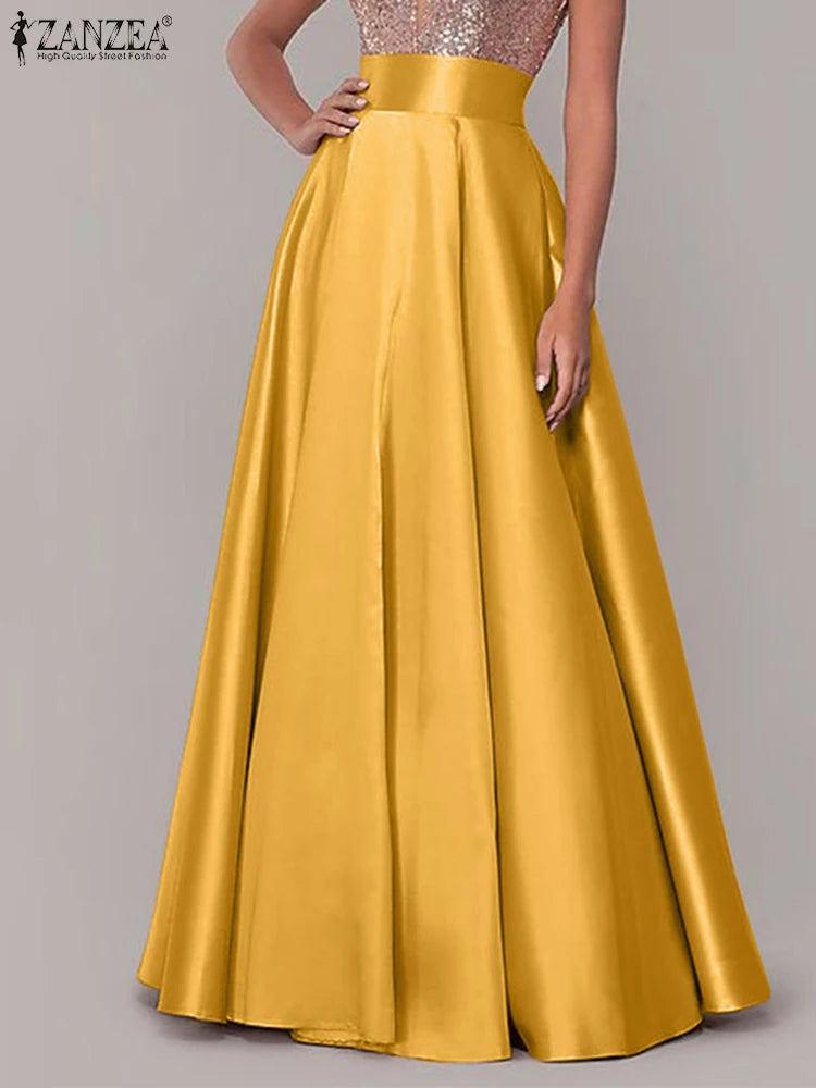 ZANZEA Summer Women Maxi Long Skirts Casual High Waist A-line Party Sundress Work OL Maxi Vestidos Satin Skirts Jupe Faldas Saia