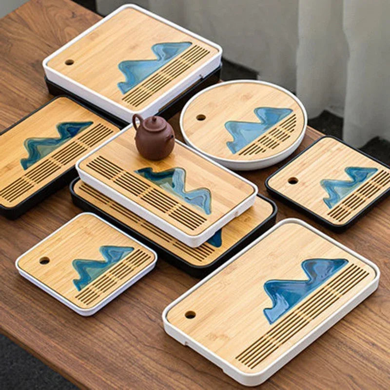 Removable Natural Bamboo Tea Tray Landscape Drawing Board Traditional Household TeaTray Removable TeaTray Chinese Kung Fu TeaSet