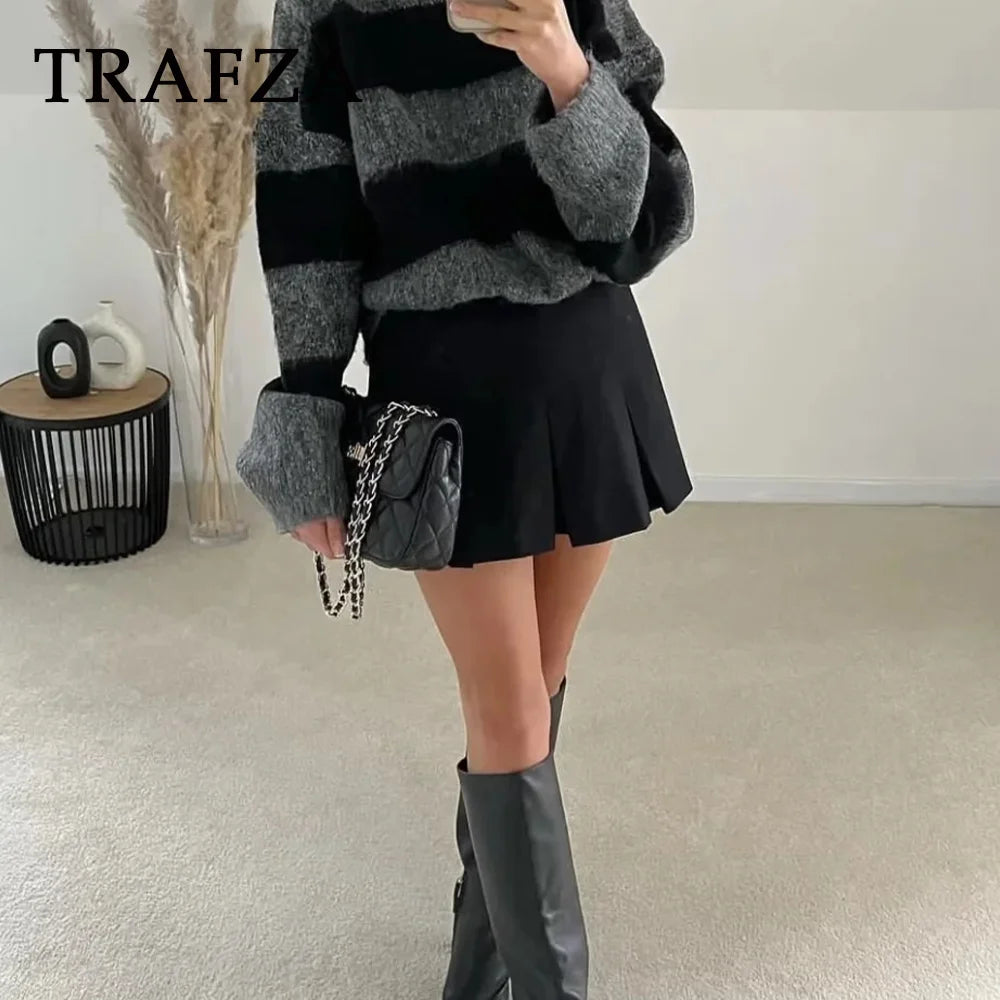 TRAFZA 2025 Spring Summer Women Casual Tierred Mini Skirts Fashion Vintage Solid High Wasit Ruffles Pleated Sexy Shorts Skirts