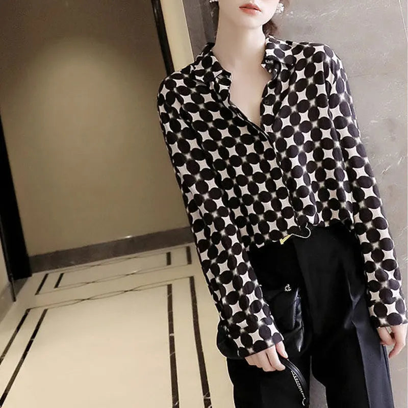 Stylish Printed Polka Dot Blouse Female Clothing Commute Single-breasted Elegant Polo-Neck 2025 Spring Autumn Korean Loose Shirt