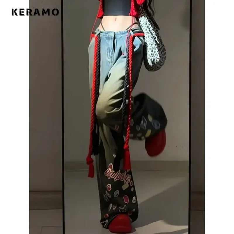 Women's Sweet Y2K Baggy 2000s Denim Trouser Washed Vintage Casual Appliques Pants Trashy High Street Retro High Waist Jeans