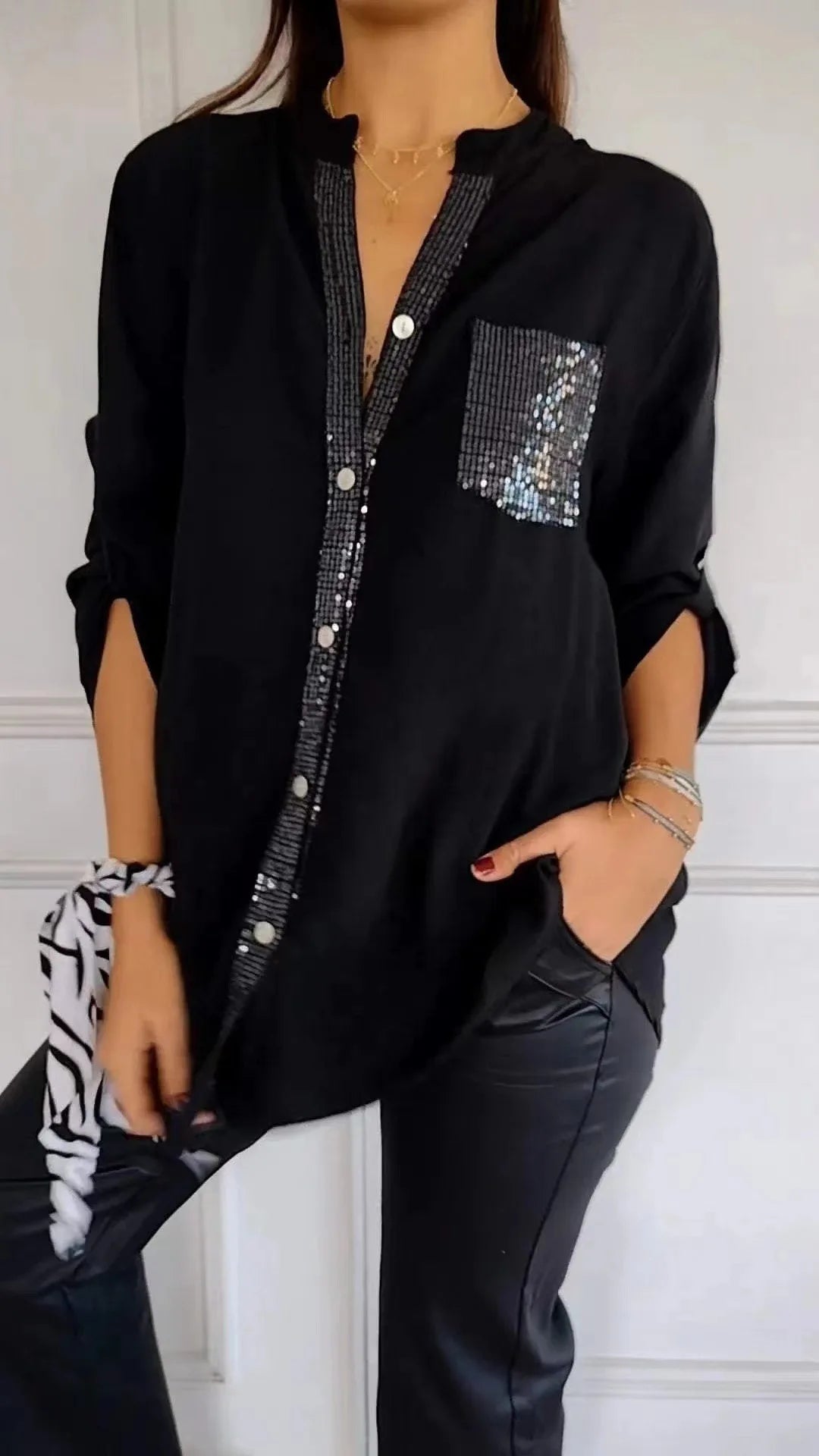 Casual Shirt Women Blouses V-neck Sequin Splicing Long-sleeve New Autumn Casual Loose Collar Button Pocket Office Ladies Clothes