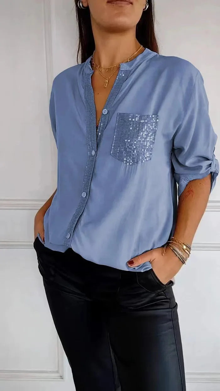 Casual Shirt Women Blouses V-neck Sequin Splicing Long-sleeve New Autumn Casual Loose Collar Button Pocket Office Ladies Clothes