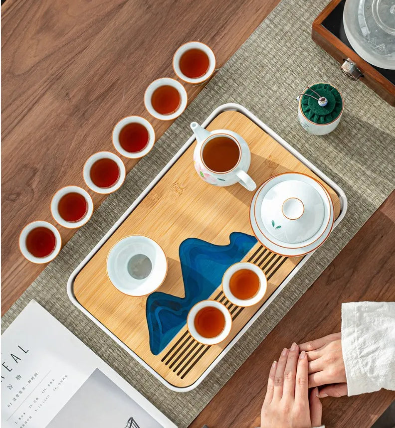 Removable Natural Bamboo Tea Tray Landscape Drawing Board Traditional Household TeaTray Removable TeaTray Chinese Kung Fu TeaSet