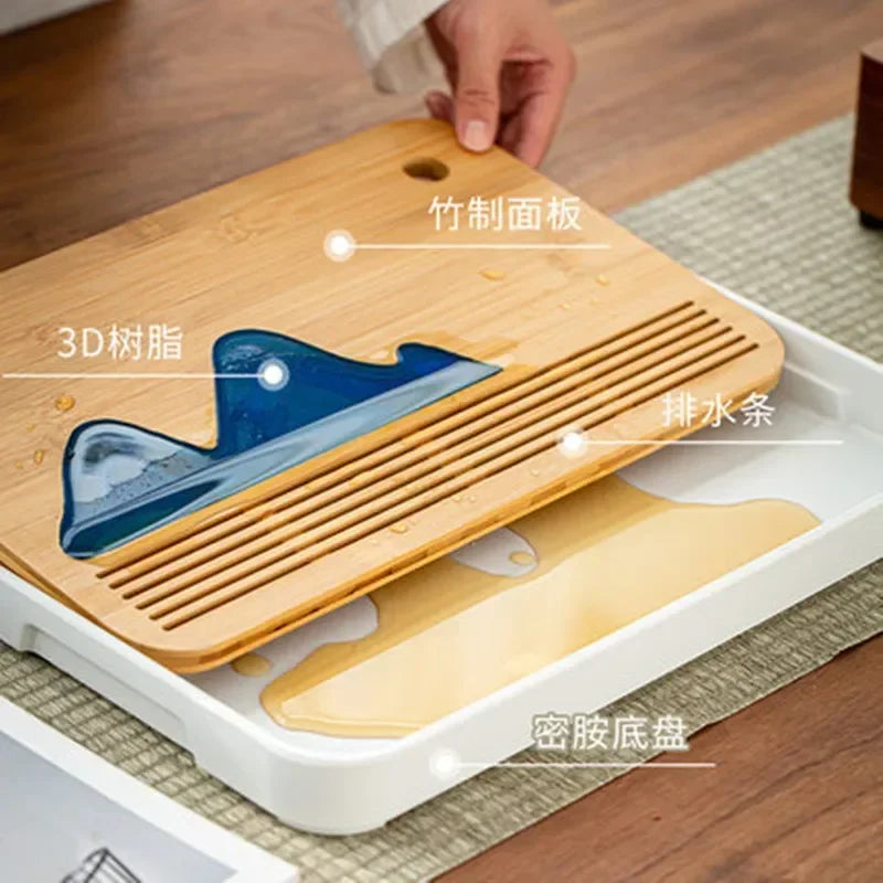 Removable Natural Bamboo Tea Tray Landscape Drawing Board Traditional Household TeaTray Removable TeaTray Chinese Kung Fu TeaSet