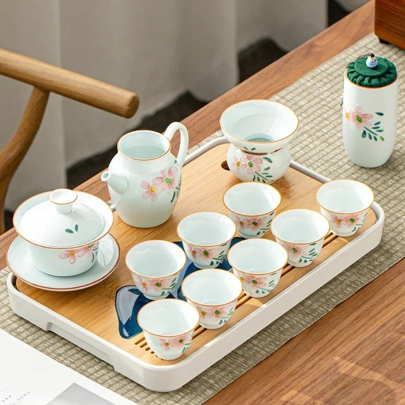 Removable Natural Bamboo Tea Tray Landscape Drawing Board Traditional Household TeaTray Removable TeaTray Chinese Kung Fu TeaSet