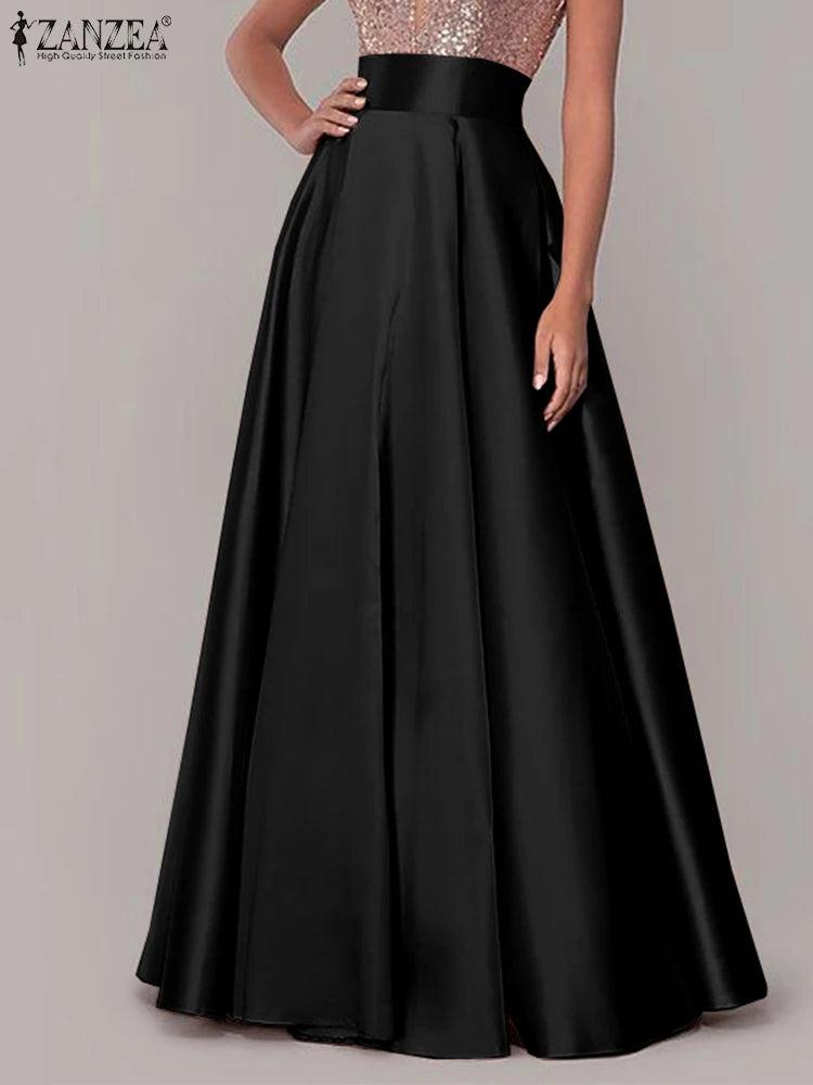 ZANZEA Summer Women Maxi Long Skirts Casual High Waist A-line Party Sundress Work OL Maxi Vestidos Satin Skirts Jupe Faldas Saia