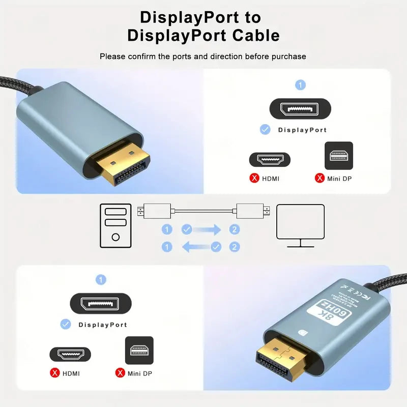8K DisplayPort Cable HBR3 Support 32.4Gbps, HDCP 2.2, HDR10 FreeSync G-Sync for Gaming Monitor 4070 4080 Graphics PC
