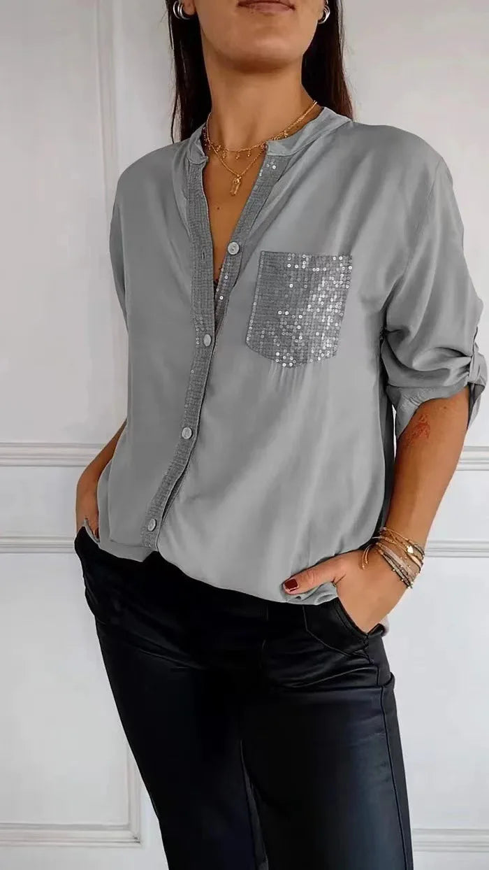 Casual Shirt Women Blouses V-neck Sequin Splicing Long-sleeve New Autumn Casual Loose Collar Button Pocket Office Ladies Clothes