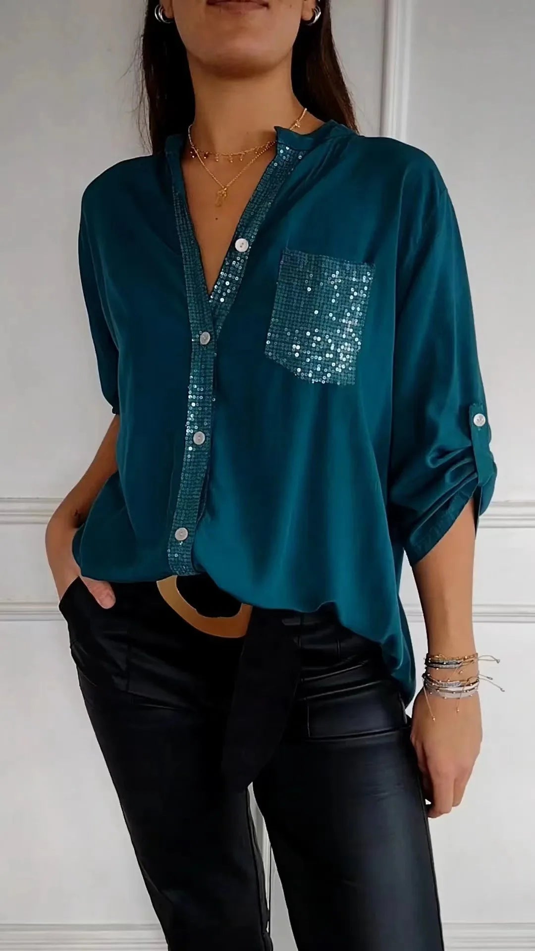 Casual Shirt Women Blouses V-neck Sequin Splicing Long-sleeve New Autumn Casual Loose Collar Button Pocket Office Ladies Clothes