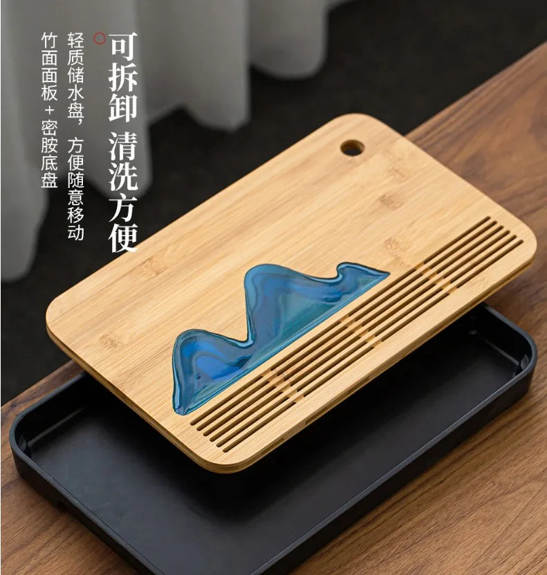 Removable Natural Bamboo Tea Tray Landscape Drawing Board Traditional Household TeaTray Removable TeaTray Chinese Kung Fu TeaSet