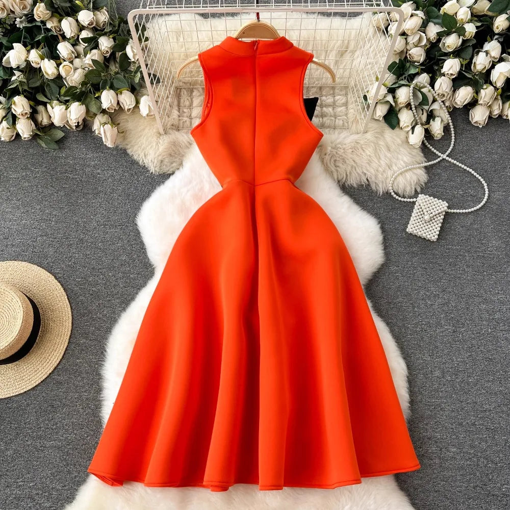 Elegant Sleeveless Vintage Stand Collar Chic Patchwork Butterfly Bow Slim A-line Dresses Evening High Street Plus Size Clothing
